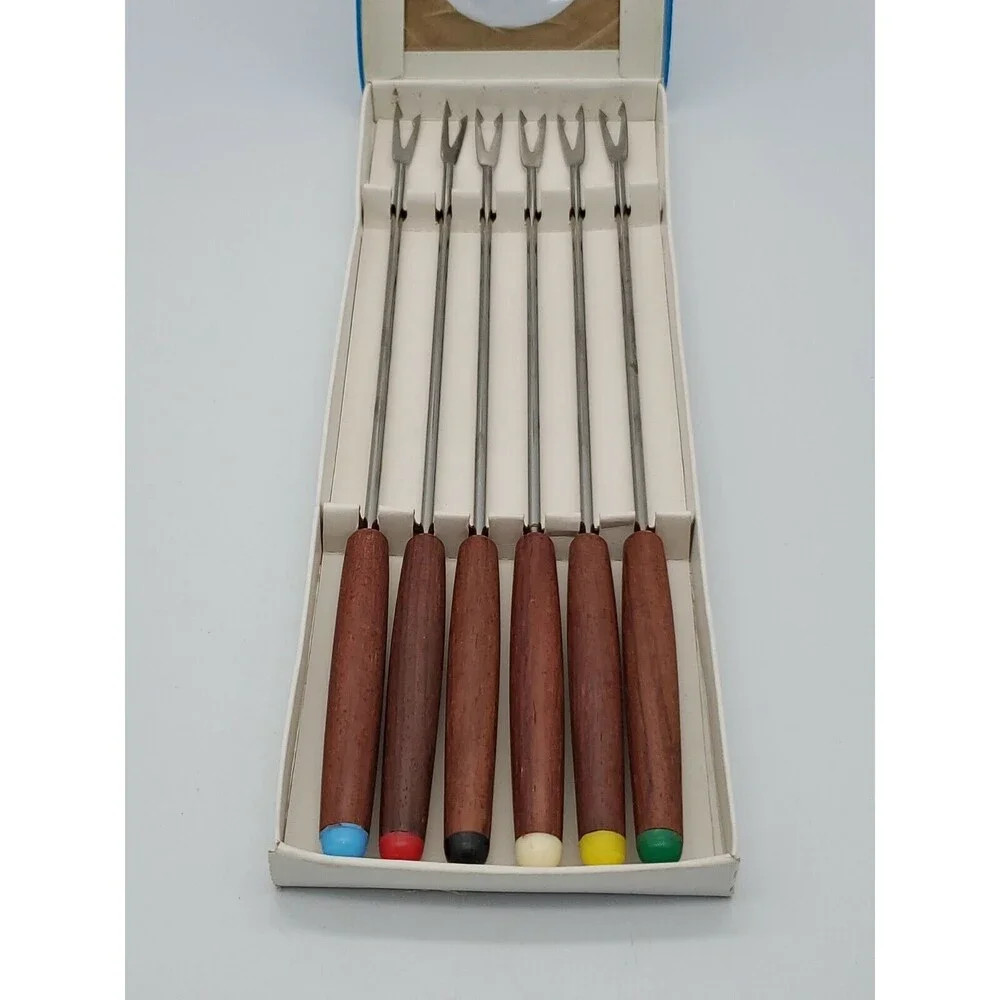 MCM Stainless Steel Japan Fondue Forks Color Coded Teak Wood Handles NIB 6 Piece
